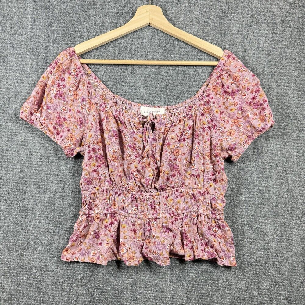 Pink Rose Floral Blouse Size Small Off Shoulder Cropped